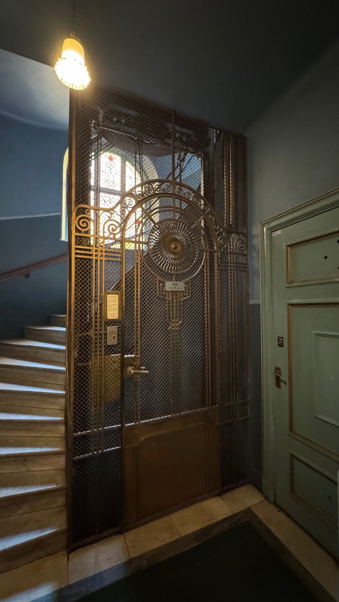 Old lift behind an ornate wrought-iron gate with a round sunburst pattern, next to a stone staircase and a pale green door in a blue stairwell.