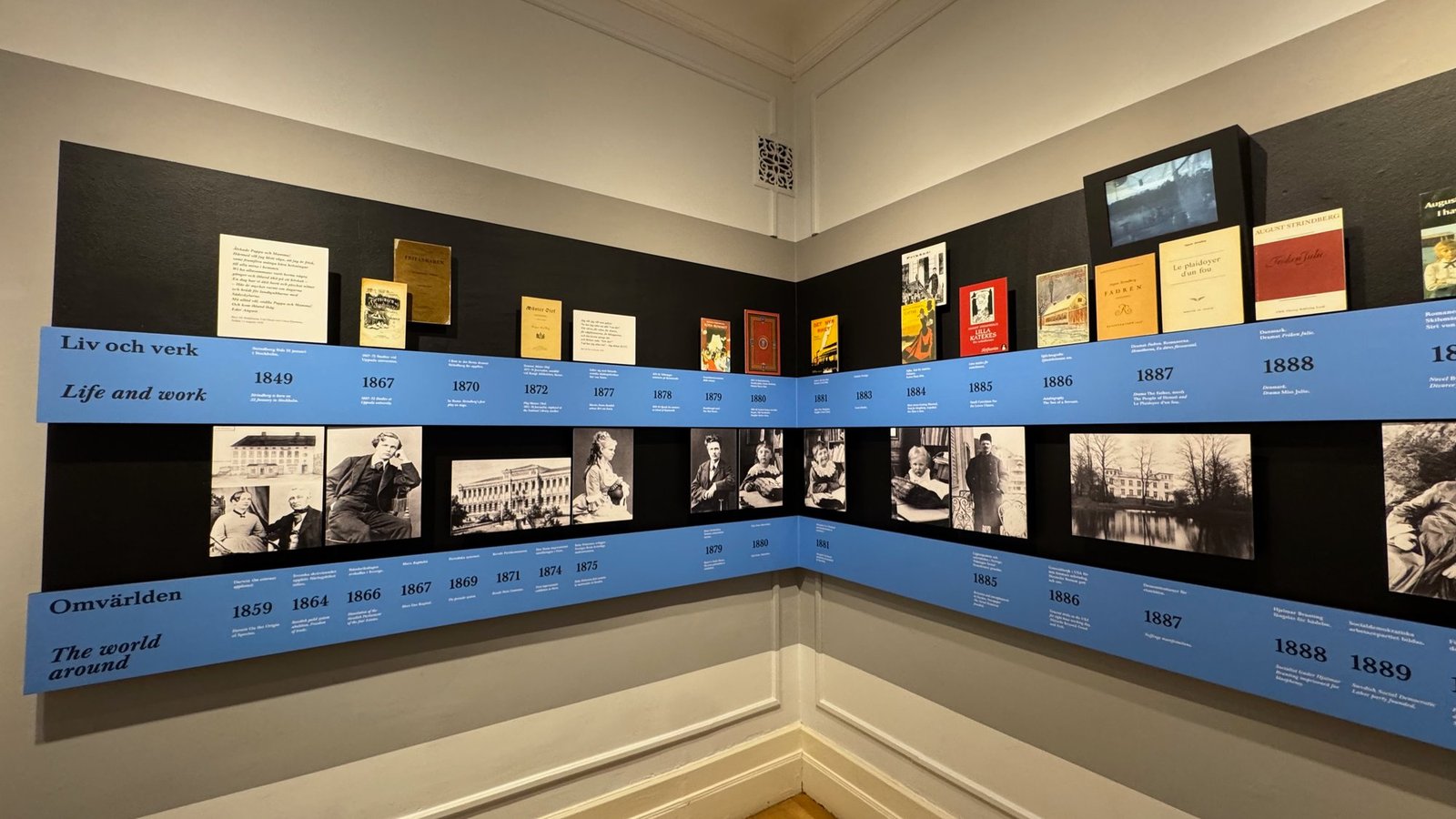 Corner room with a blue timeline band on black walls, with book covers and photos along it.