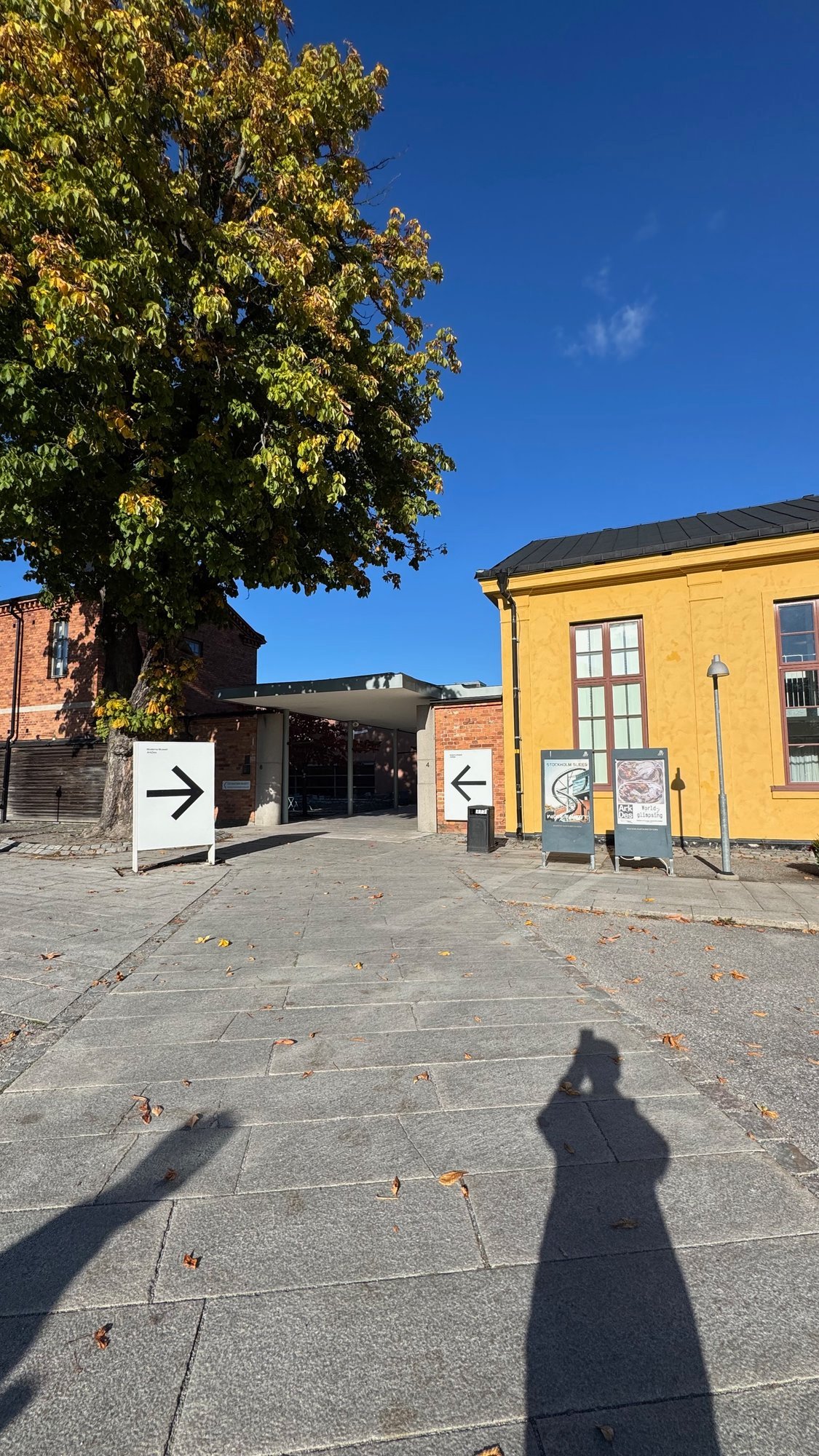 Yellow wooden building on a paved square, with a white sign board with an arrow and a tree with yellow leaves.
