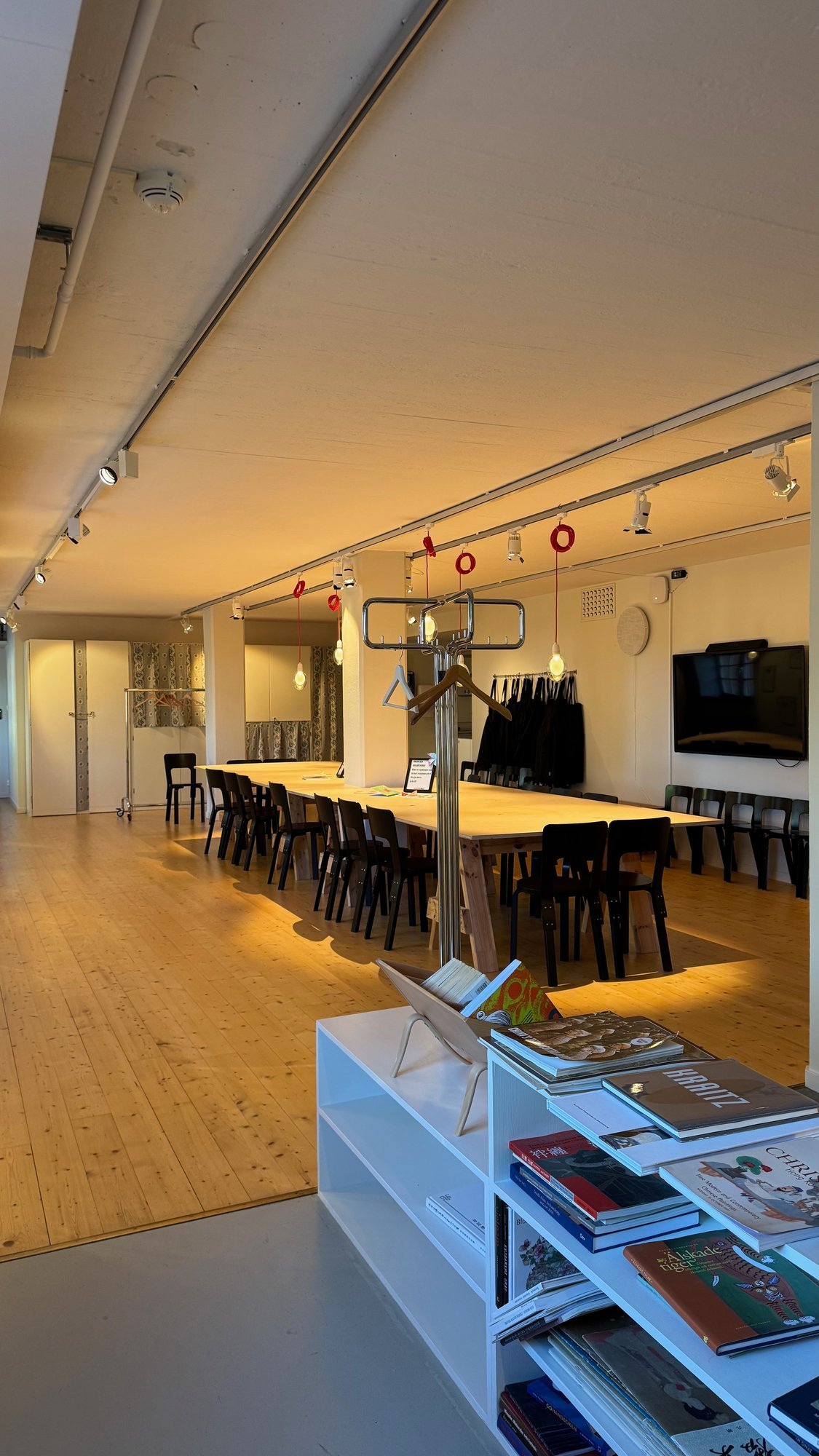 Bright room with a wooden floor, a long wooden table with black chairs, bare light bulbs hanging from red cords, a screen on the wall and shelves of books in the front.