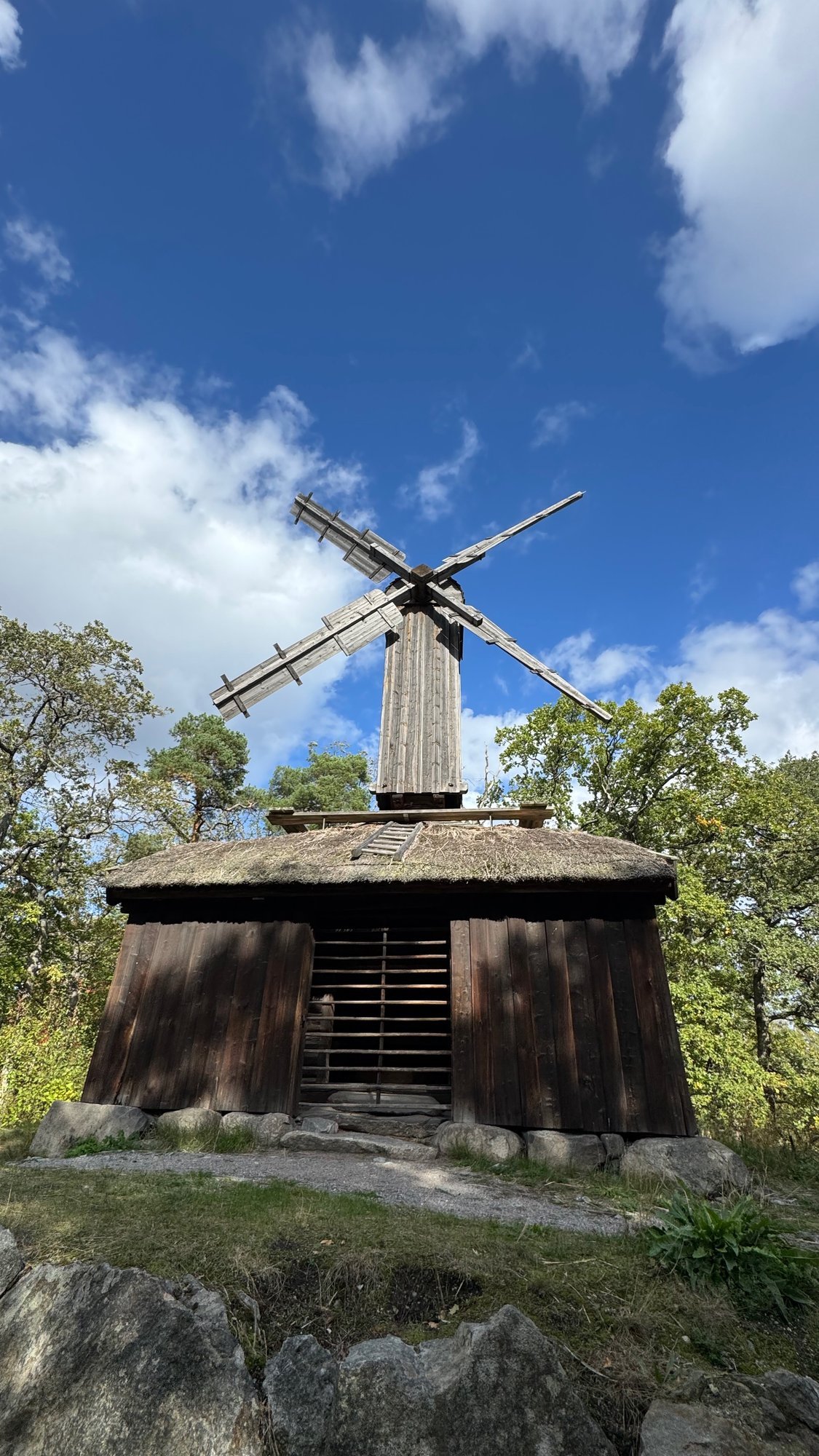 Dark wooden windmill with four wings and a thatched roof on a stone base, among trees under a blue sky.