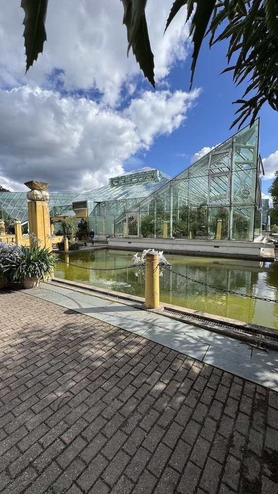 Paved path leading past a still garden pond toward a glass greenhouse building at Bergianska Trädgården.