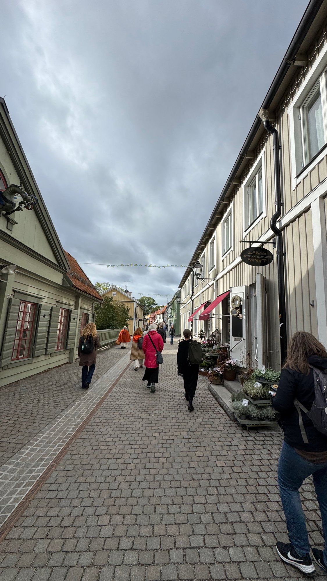 Cobbled pedestrian street with low wooden houses in yellow and red, a flower shop sign reading Sigtuna Blommor and people walking, under a pale sky.