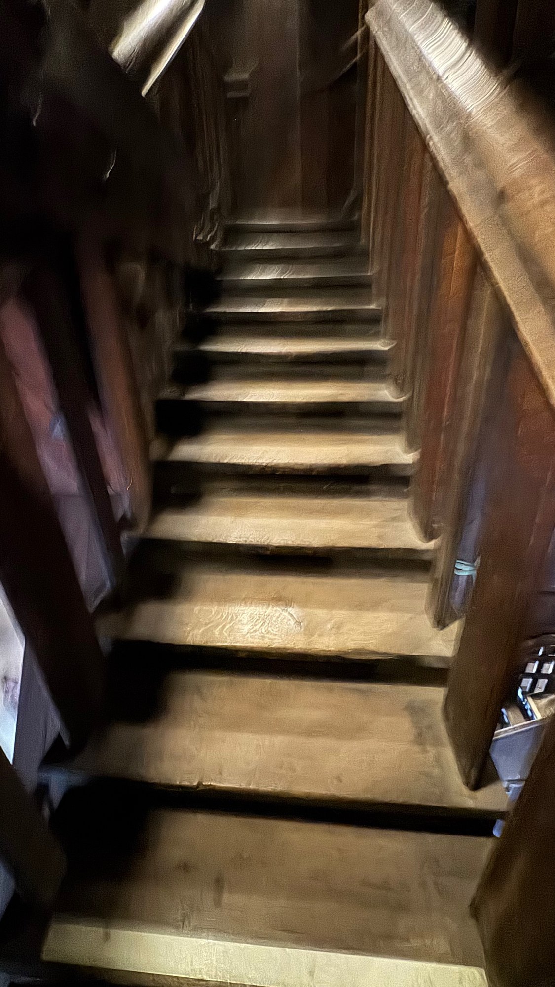 Steep wooden stairs with worn steps, between dark wooden walls, that go up and away from the camera.