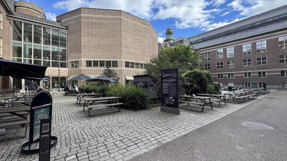 A cobblestone courtyard outside Naturhistoriska Riksmuseet, with picnic tables set out between the museum buildings.