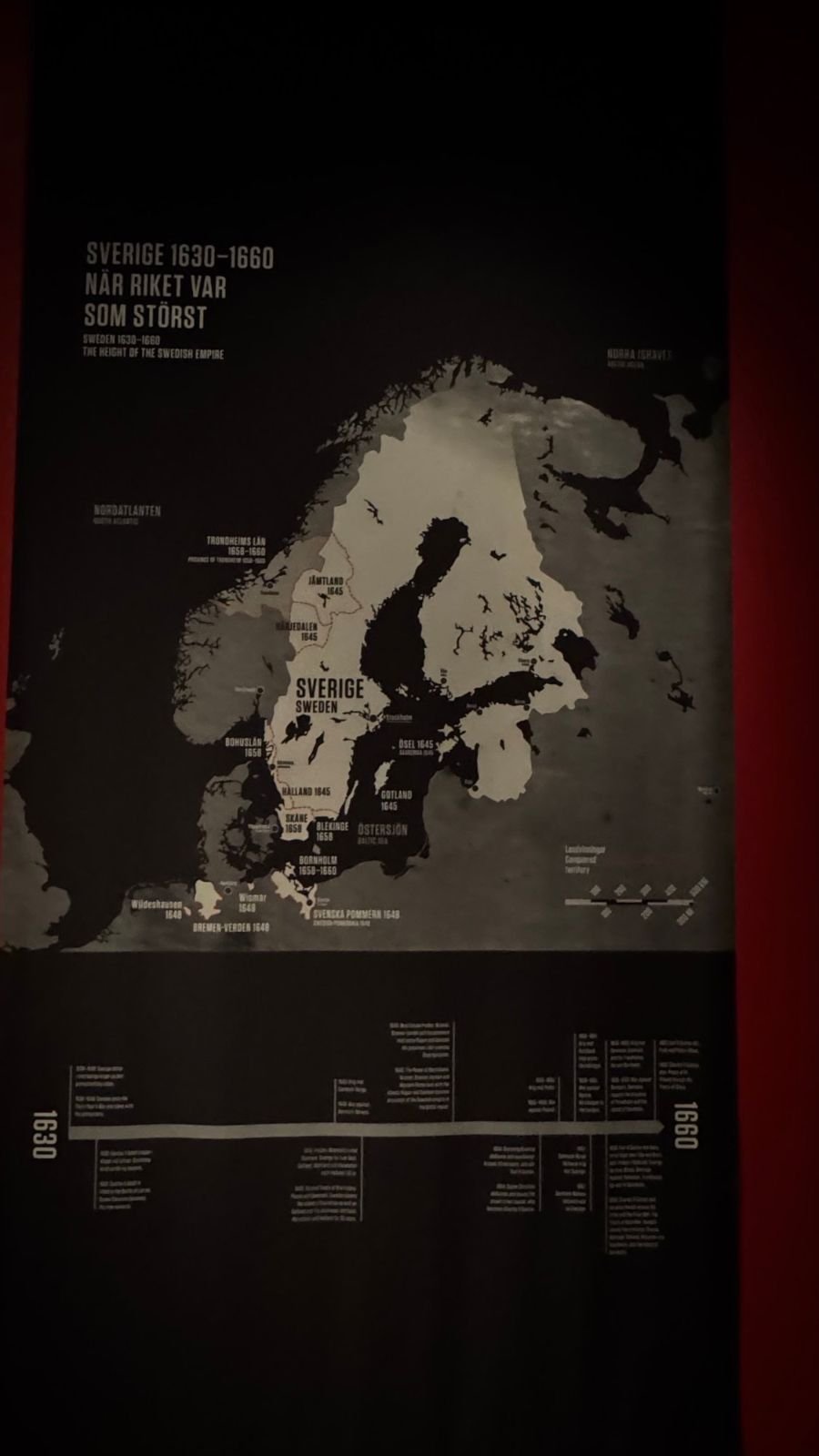 A wall map shows Sweden at its largest from 1630 to 1660 in the exhibition at Armémuseum.