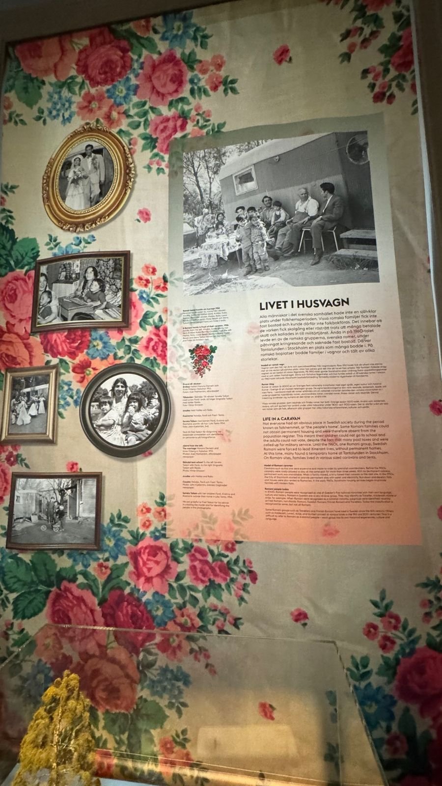 The exhibit Life in a caravan with old family photos on a wall with a pink flower pattern at the Stockholm City Museum.