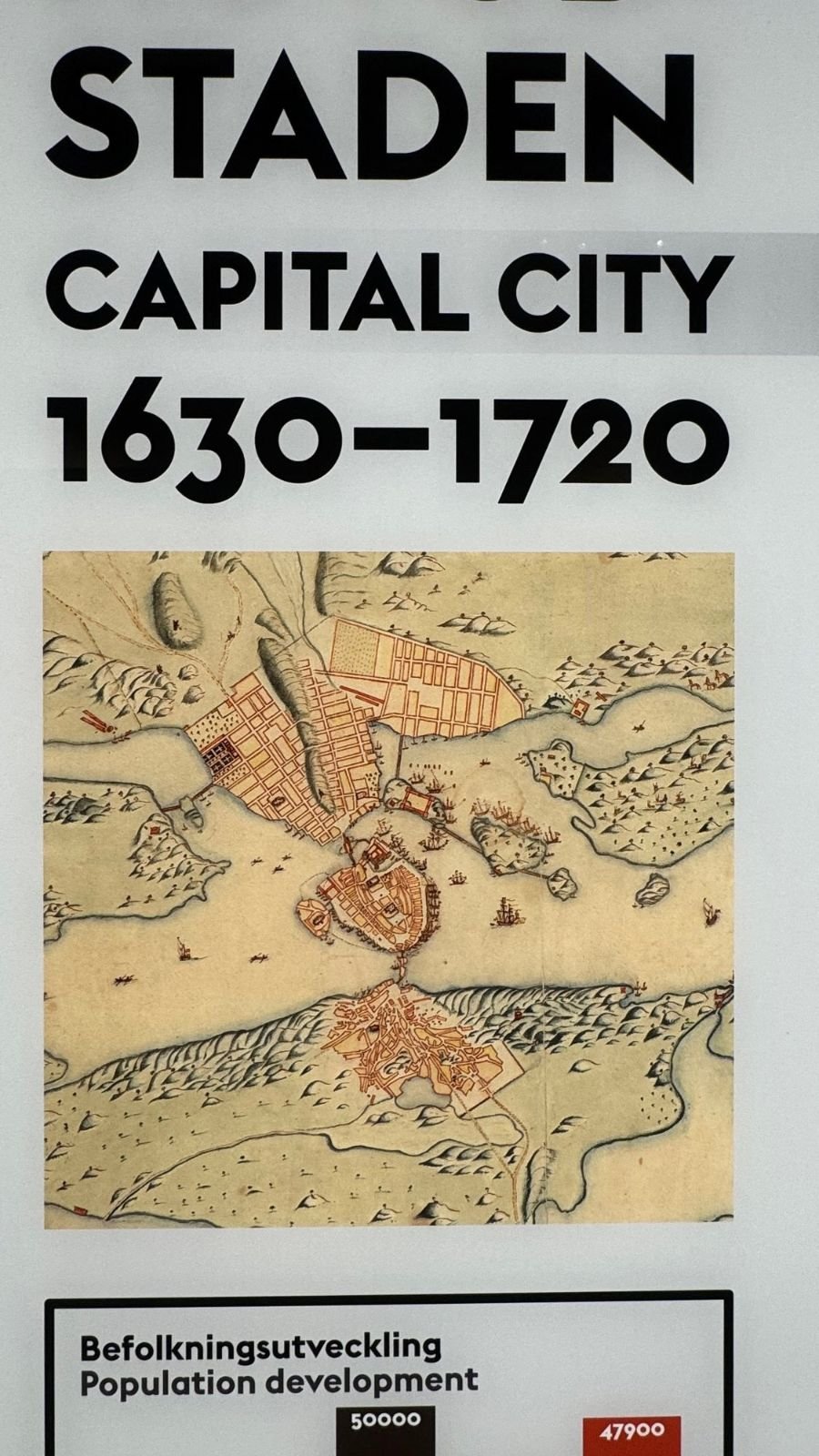 A panel with the title Capital City 1630–1720 and an old map of Stockholm at the Stockholm City Museum.