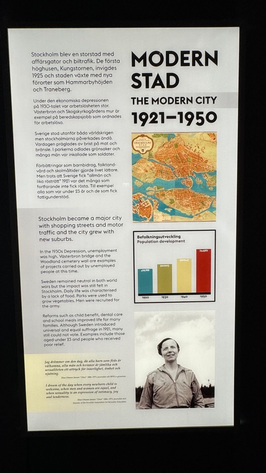 A panel with the title Modern City 1921–1950, a map and a population chart at the Stockholm City Museum.