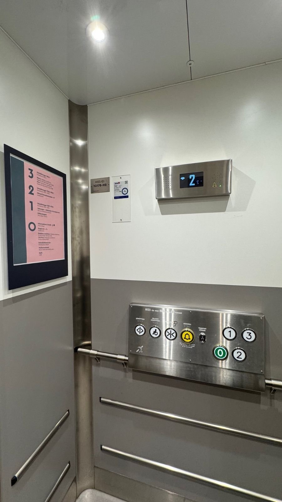 The inside of a lift with a floor display, buttons and a floor guide at the Stockholm City Museum.