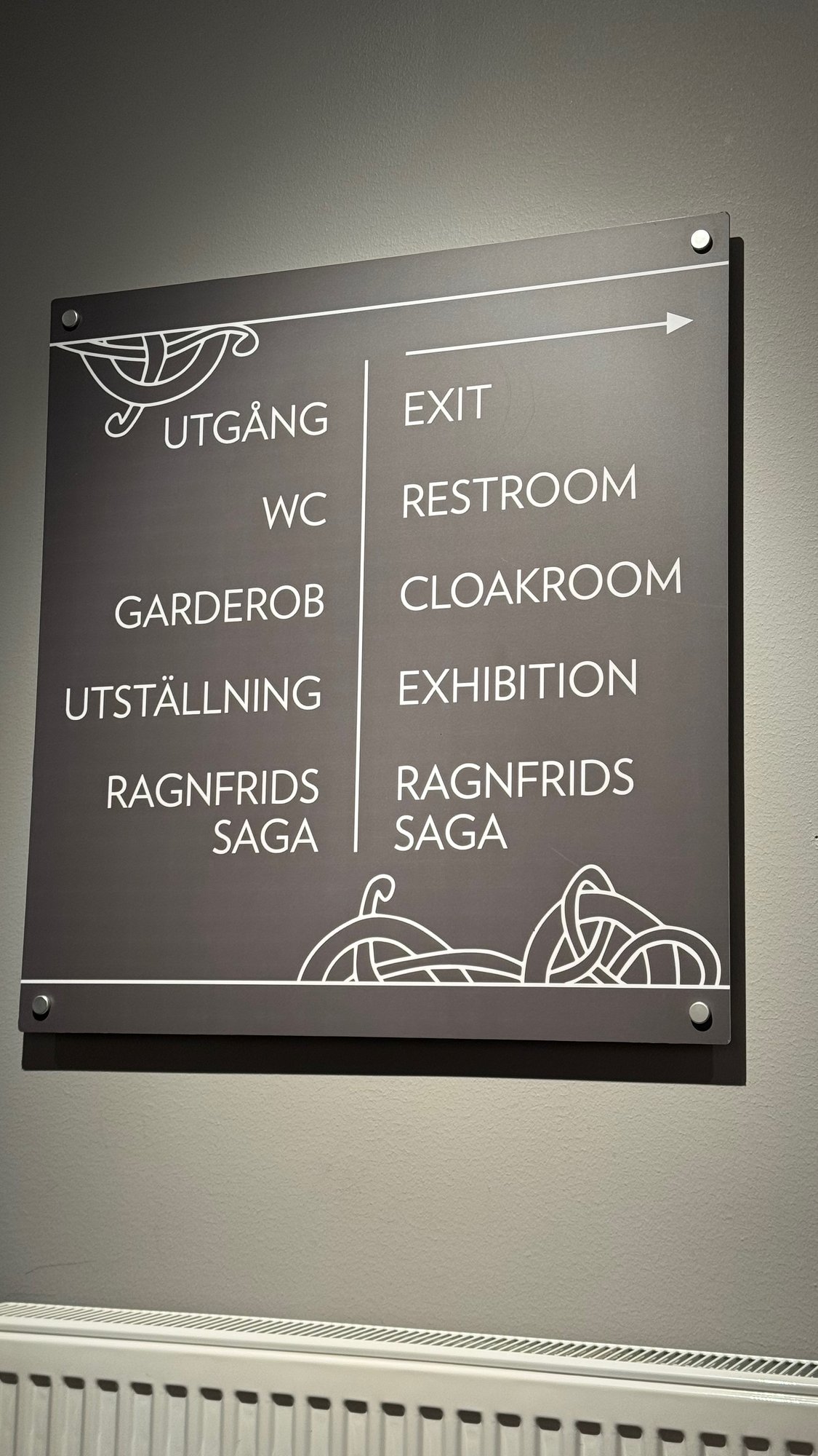 A dark wall sign in Swedish and English points to the exit, restroom, cloakroom, exhibition and Ragnfrid&rsquo;s Saga at The Viking Museum.