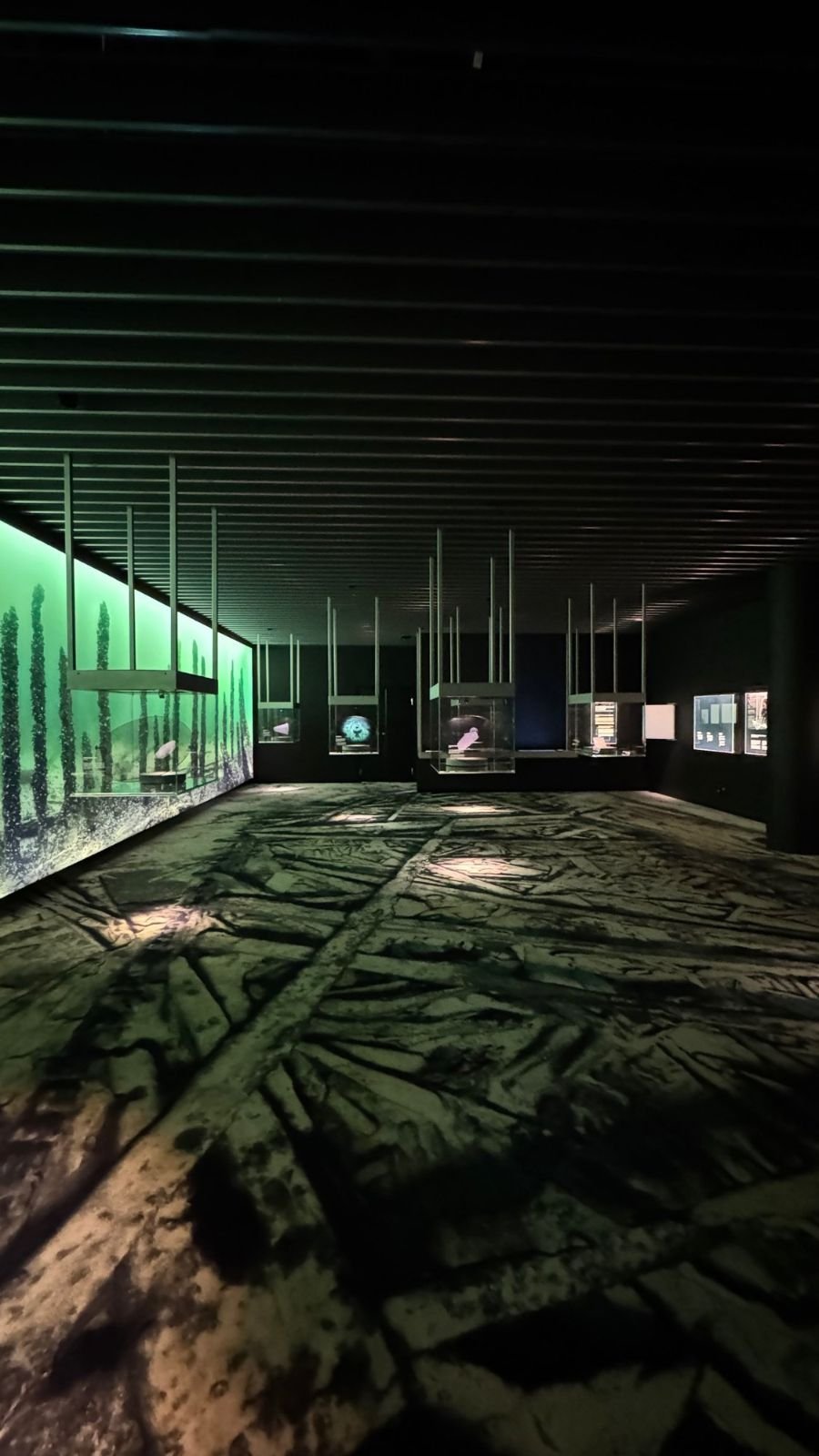 A dark exhibition hall at Vrak Museum of Wrecks with a large image of a shipwreck on the floor and green lit walls.