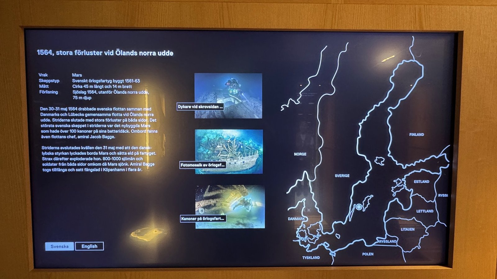 A touch screen with a map of the Baltic Sea and photos of the wreck of the warship Mars, lost in 1564, at Vrak Museum of Wrecks.