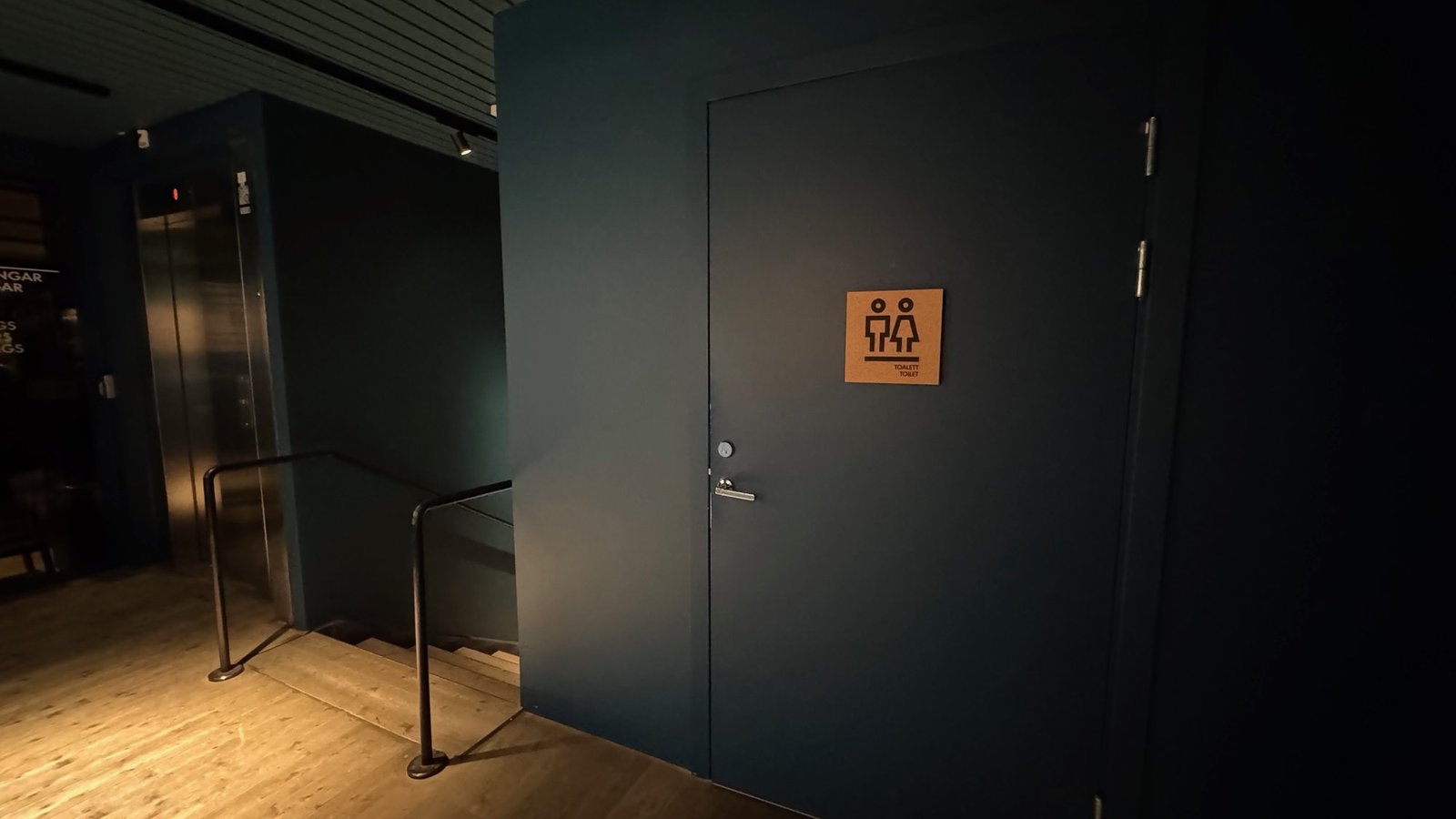 A toilet door with a sign, a lift and short stairs with a handrail at Spritmuseum.