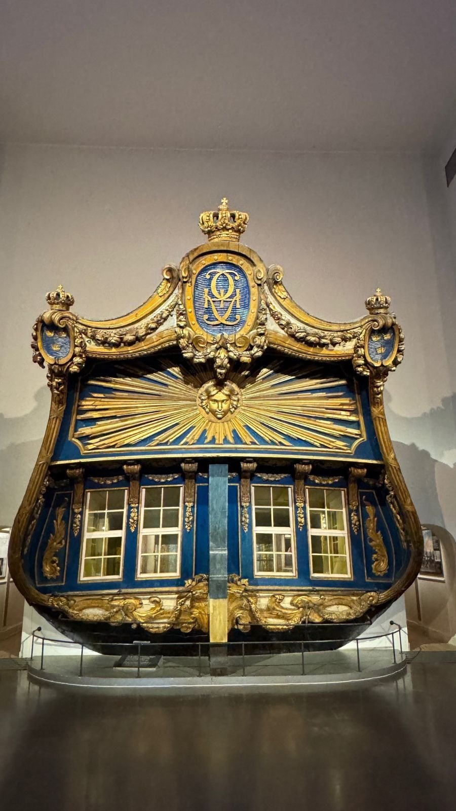 The gilded and carved stern of Gustav III's royal ship Amphion at Sjöhistoriska museet.