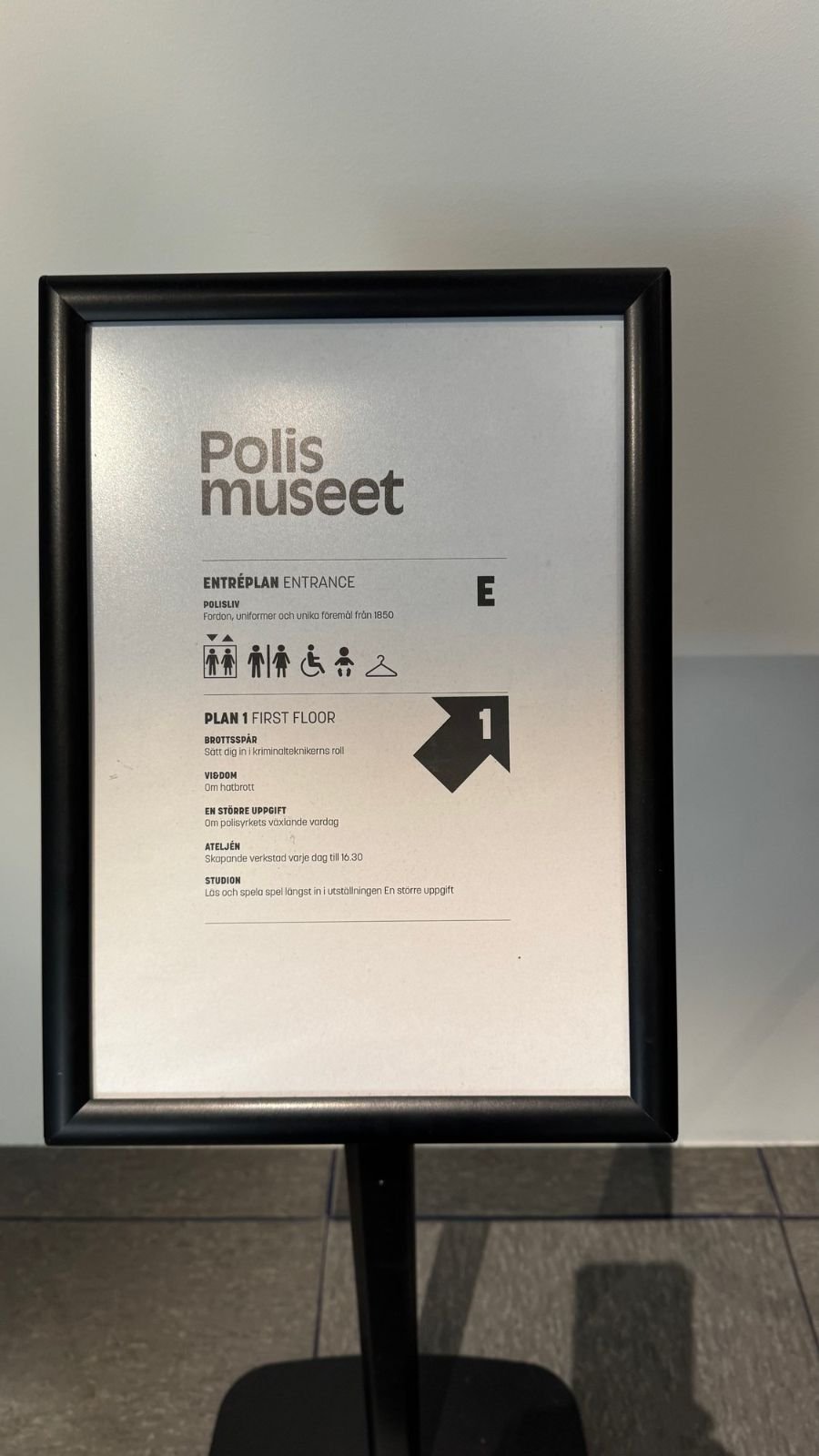 A floor sign with visitor information and access symbols at Polismuseet.