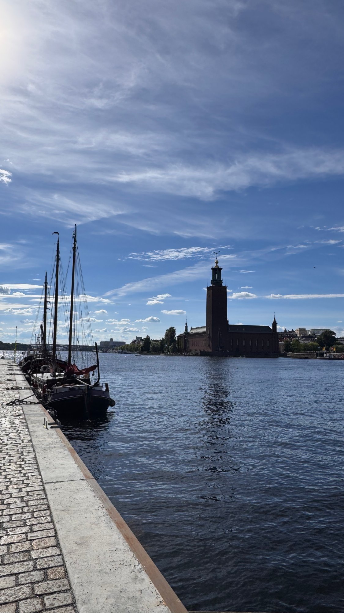 Two old wooden sailing ships lie along a stone quay. Across the water, the brick tower of Stockholm City Hall stands under a blue sky.