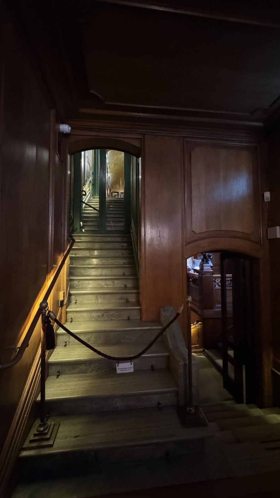 Stone stairs with a handrail and a rope barrier between dark wooden walls at the Hallwyl Museum.