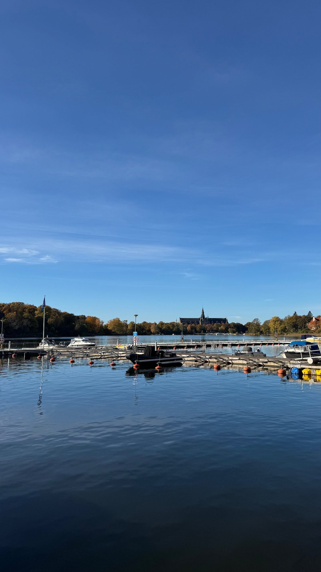 Calm blue water at Djurgårdsbrunnsviken, with boats at a jetty and autumn trees on the far shore.