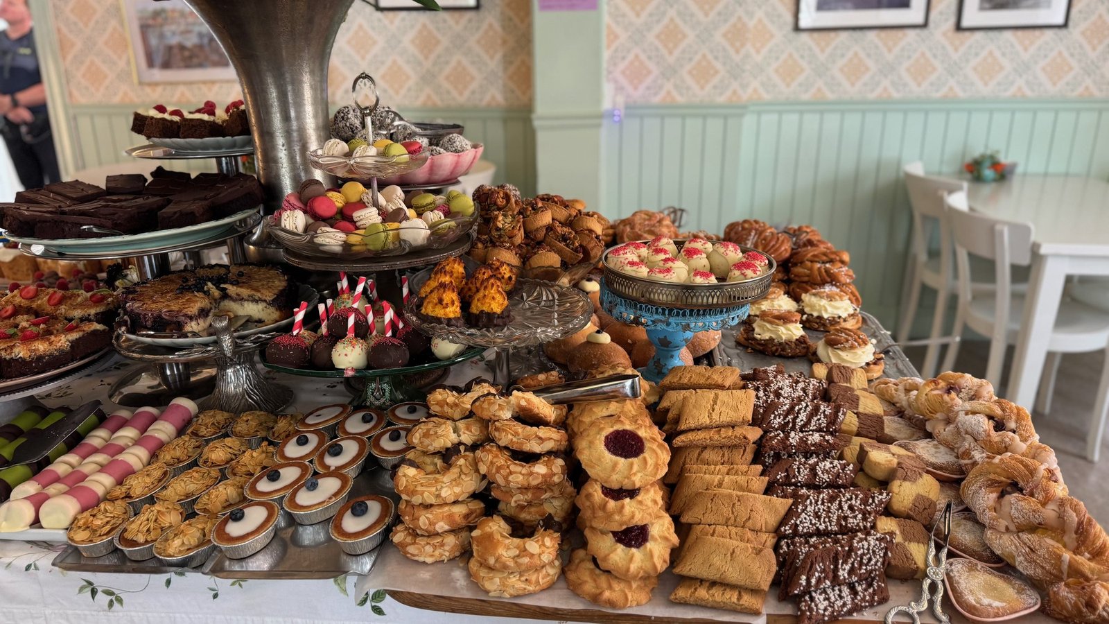 Fika buffet with cakes in a Vaxholm café