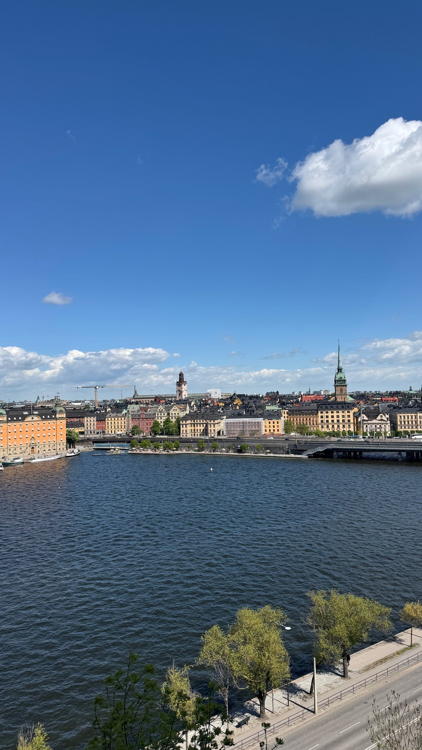 A wide panorama of Stockholm's old town and waterways, seen from a viewpoint on Södermalm. Photographed by Zayera Khan.