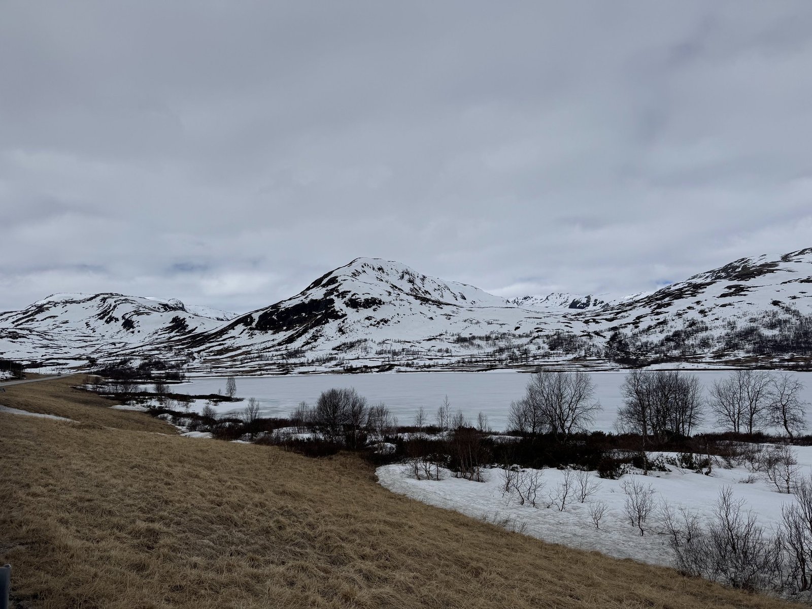 A frozen lake and snow-covered mountains on a cloudy day.