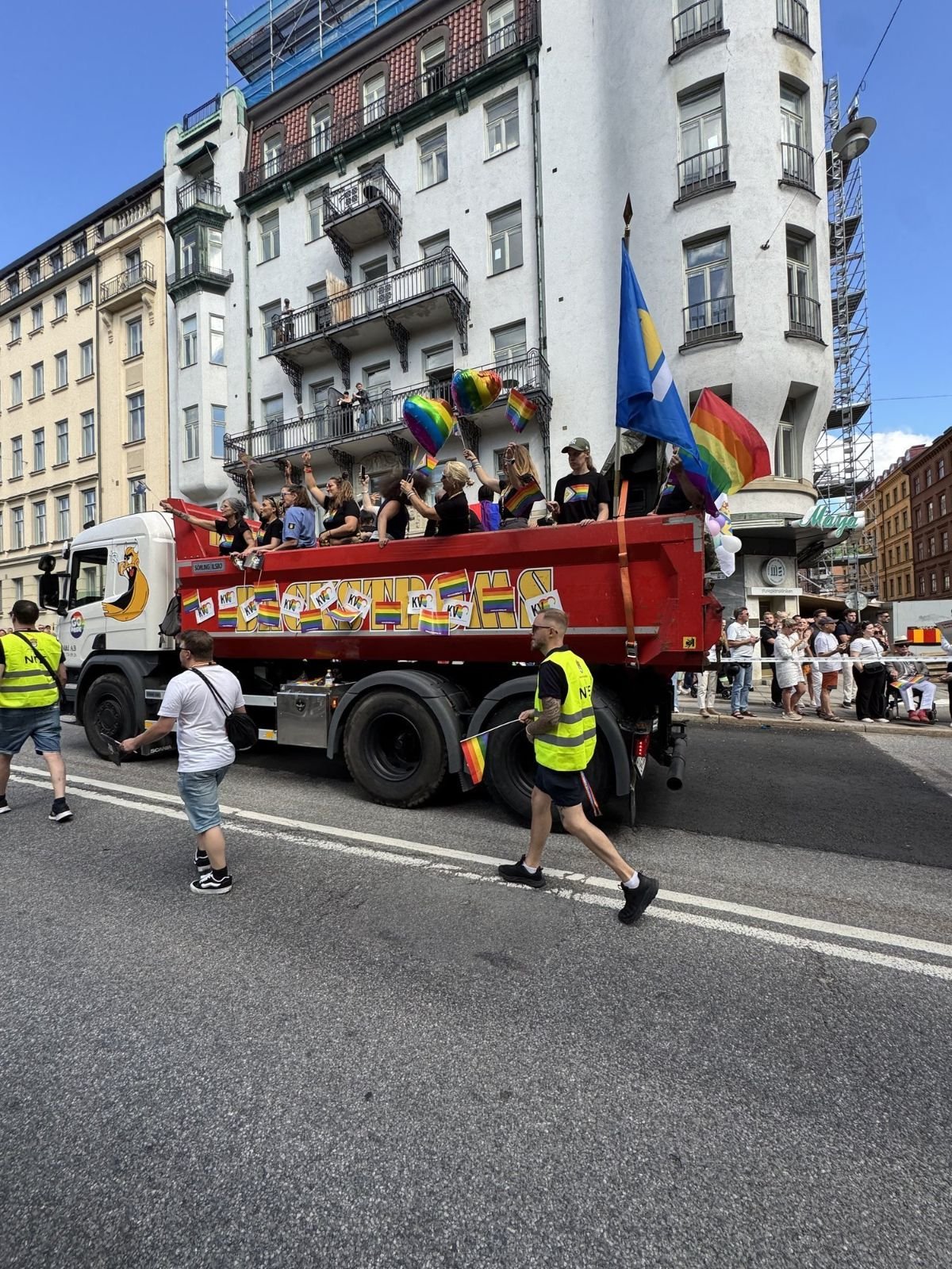 Rainbow-coloured truck float in the Stockholm Pride parade