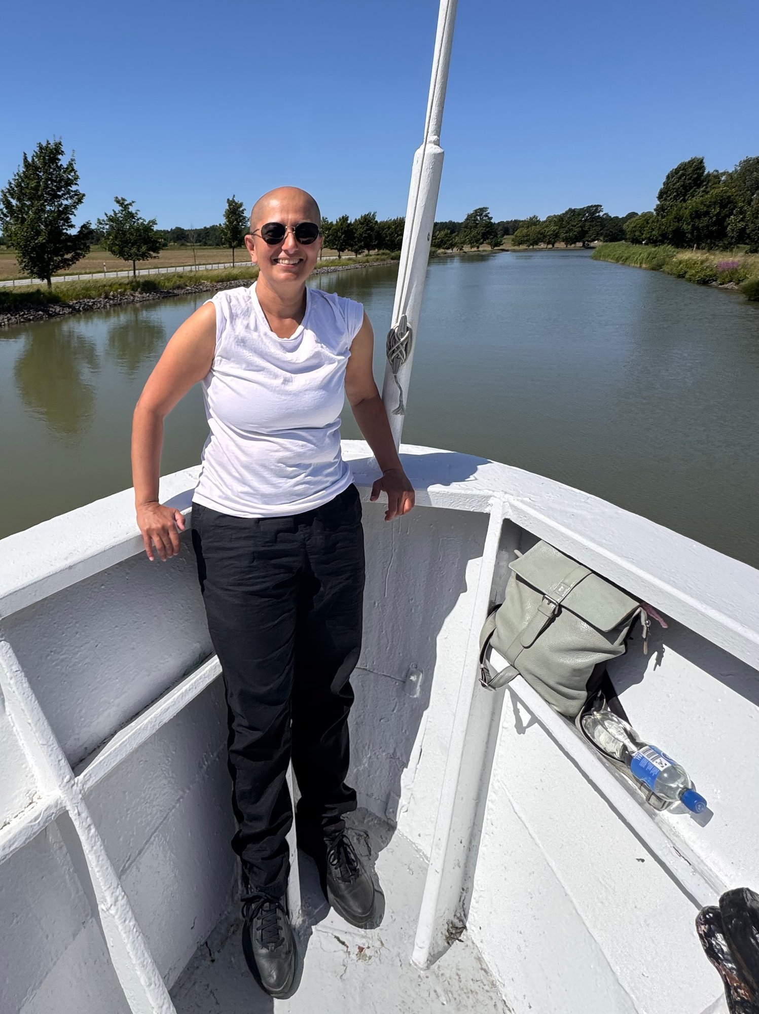 Zayera Khan on a canal boat in Linköping
