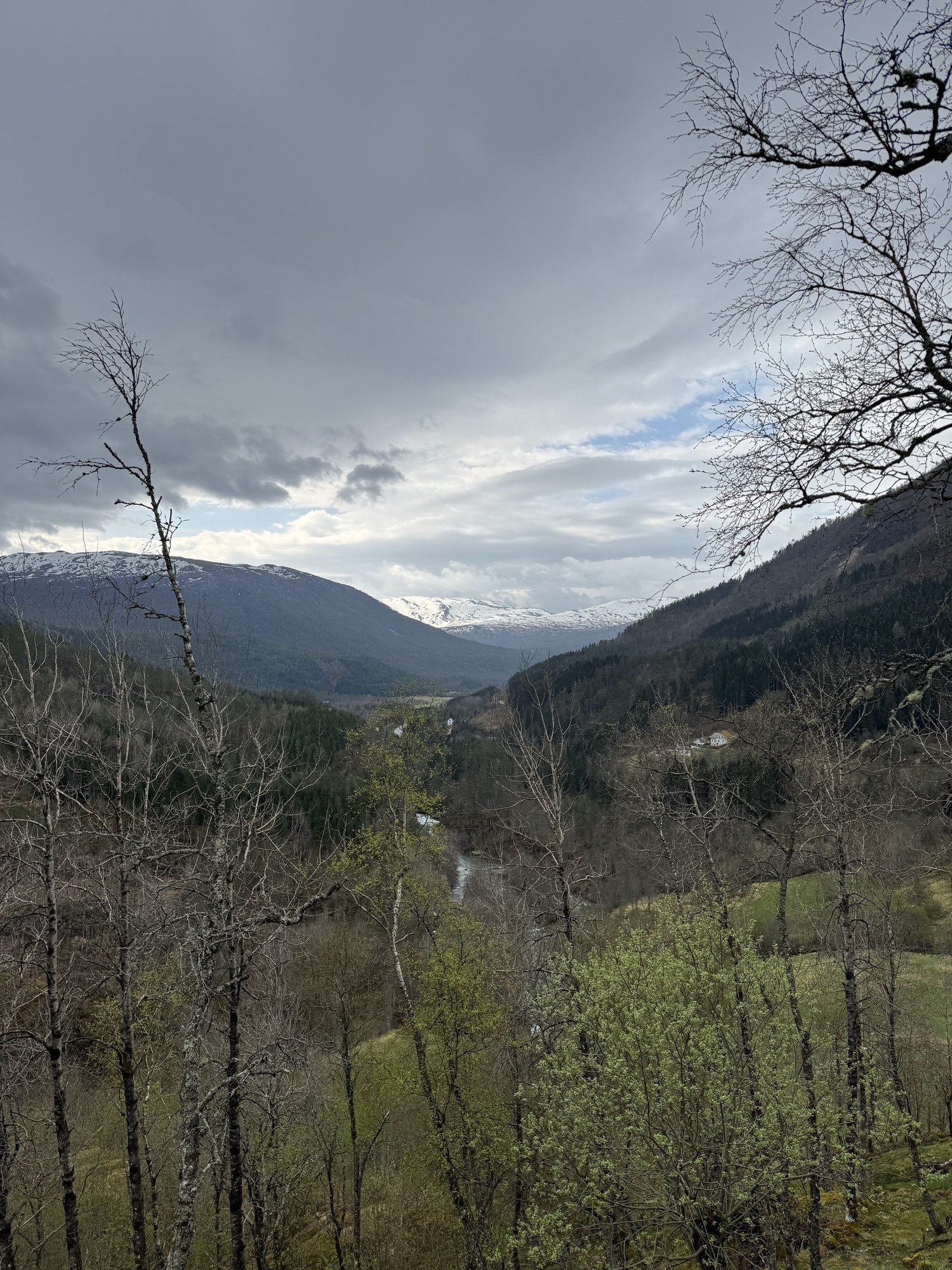 The Flåm valley with the river and snow on the peaks