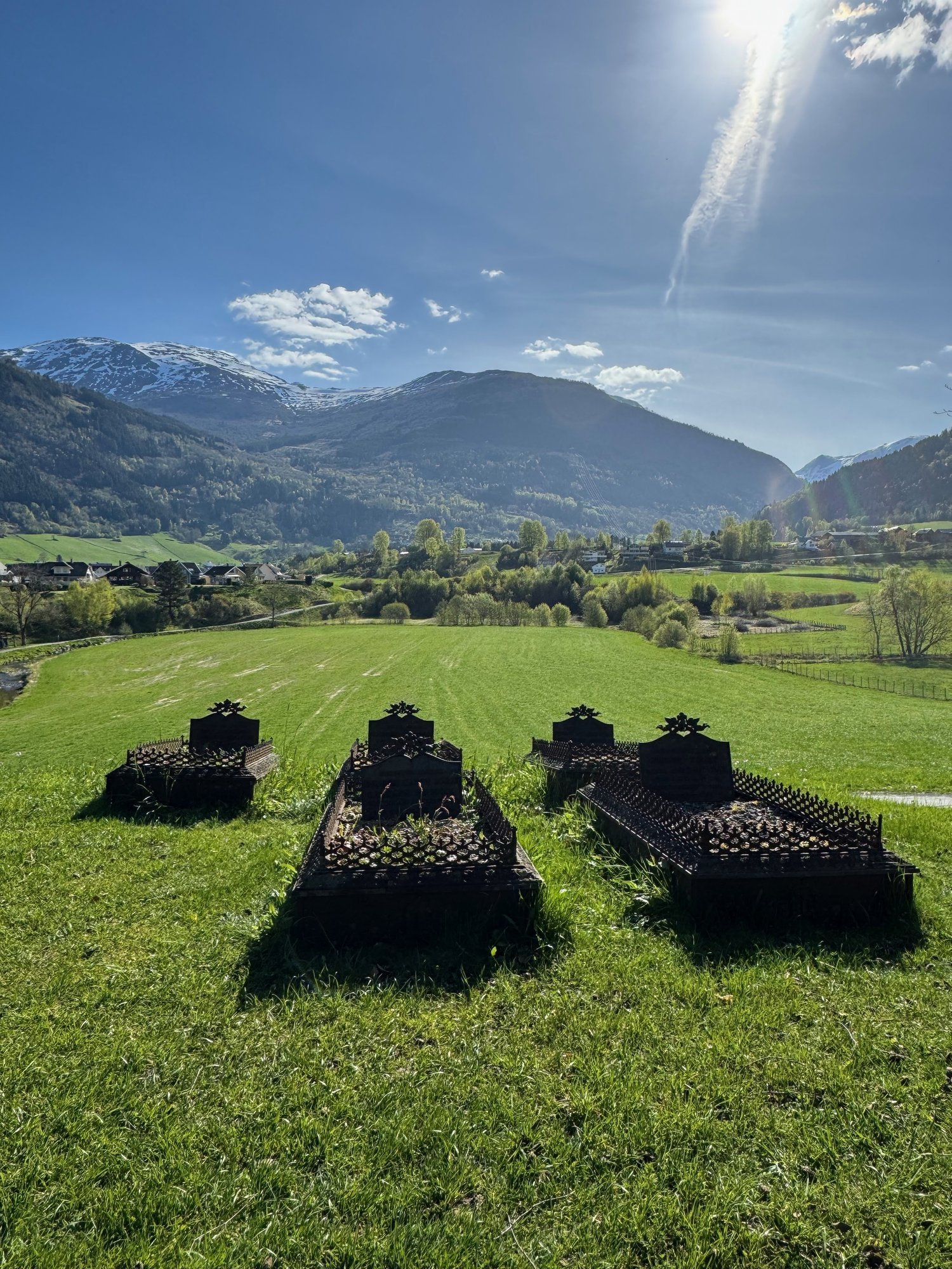 Historic graveyard with mountains behind it in Vik